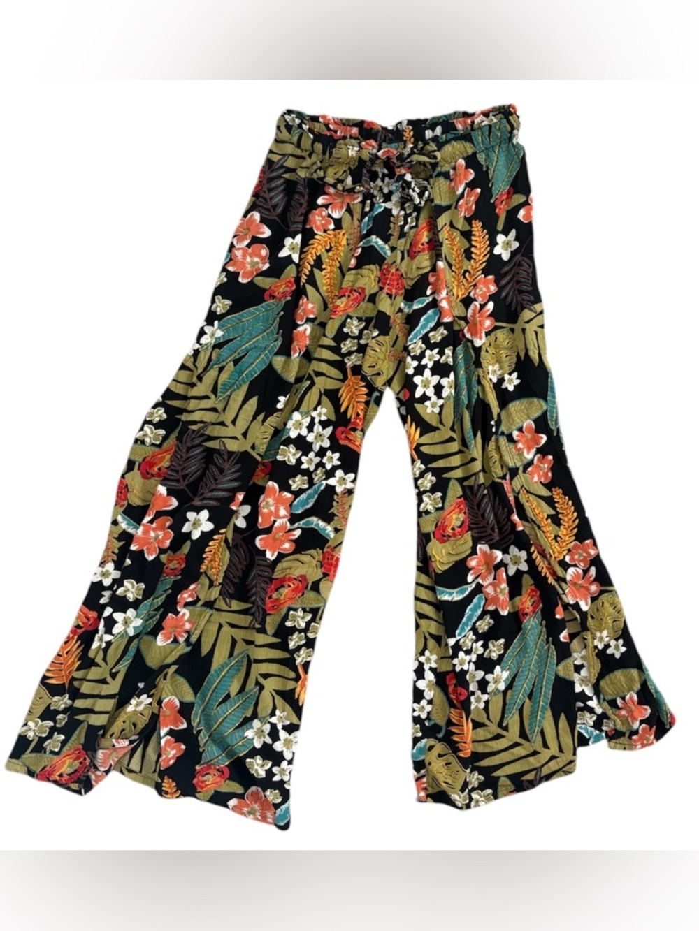 Angie Tropical Wide Leg Tie Waist Flowy Split Leg Pants
